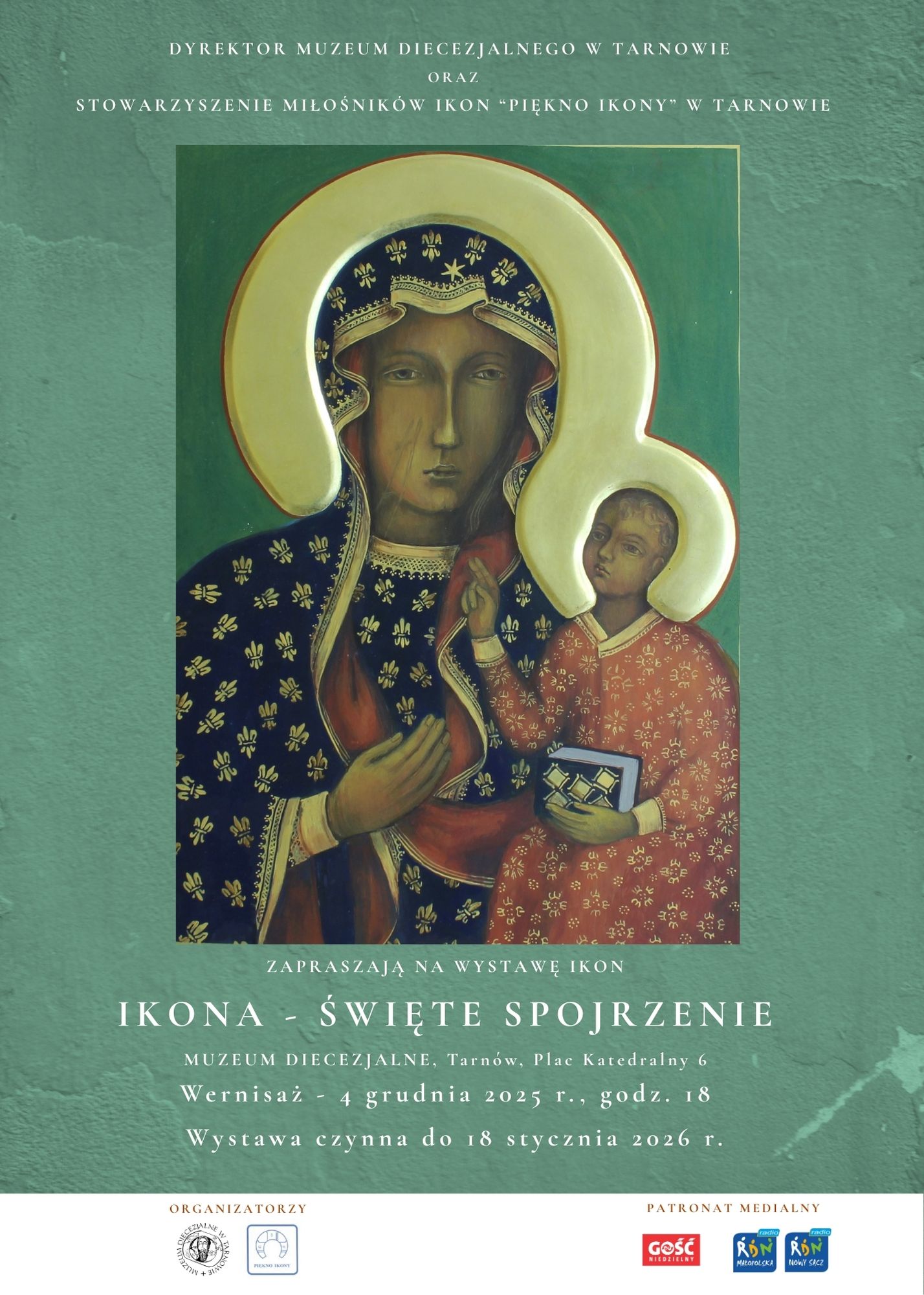 Plakat promujący wydarzenie. Na środku jest Ikona Matki Boskiej z Dzieciątkiem Jezus.